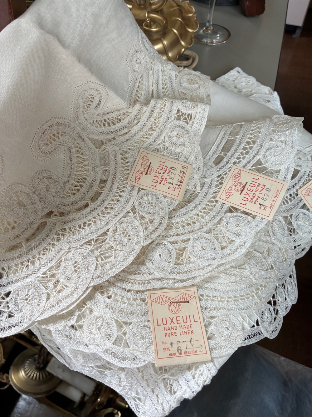 Antique Luxeuil Cream Handmade Pure Linen Lace Table Linens